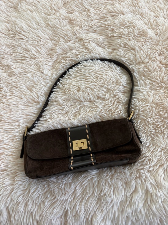 LOFT Handbags - LOFT Dark Brown Suede Shoulder Bag with Gold Hardware